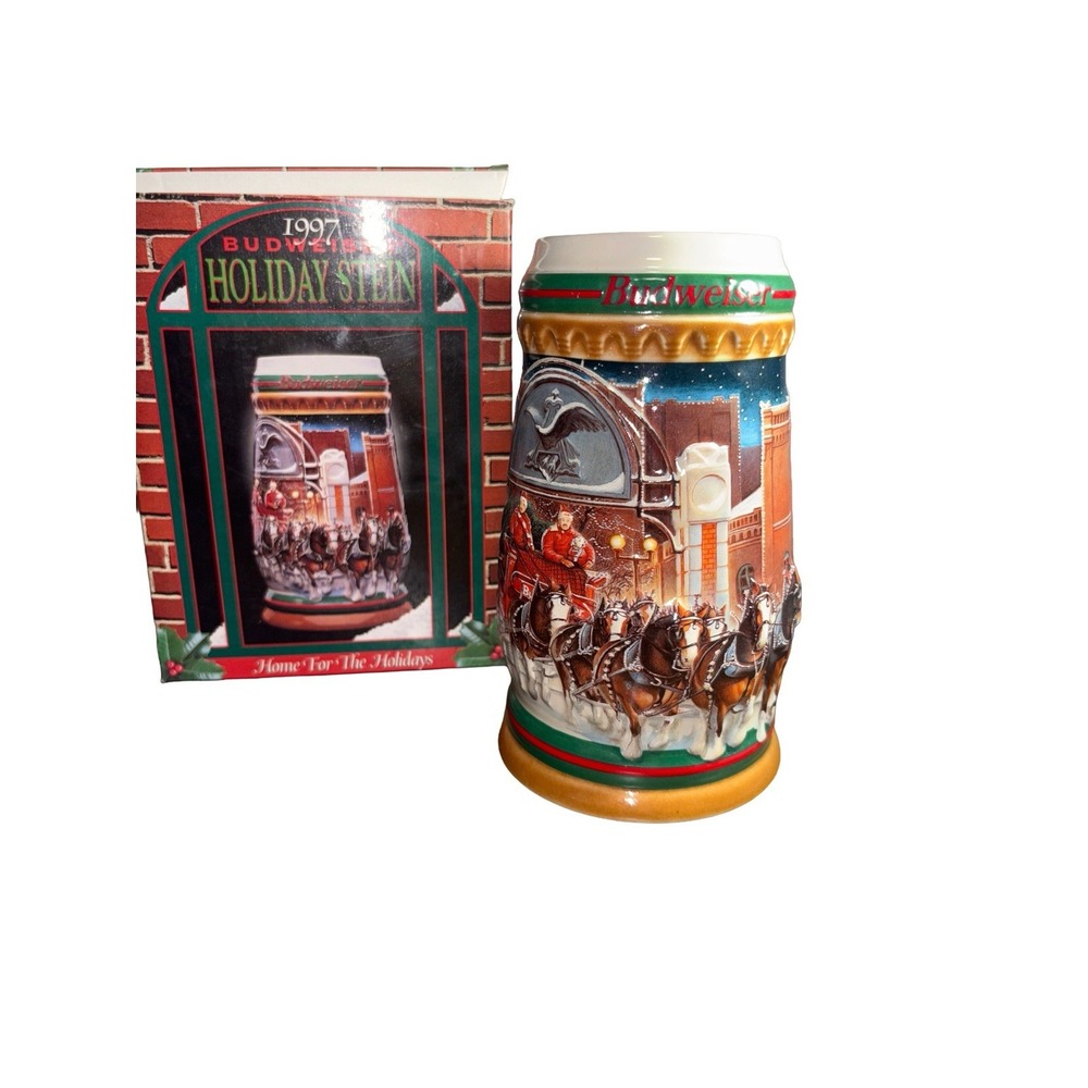 Vintage Budweiser 1997 Holiday Beer Stein Mug Home For The Holiday's 90's Xmas